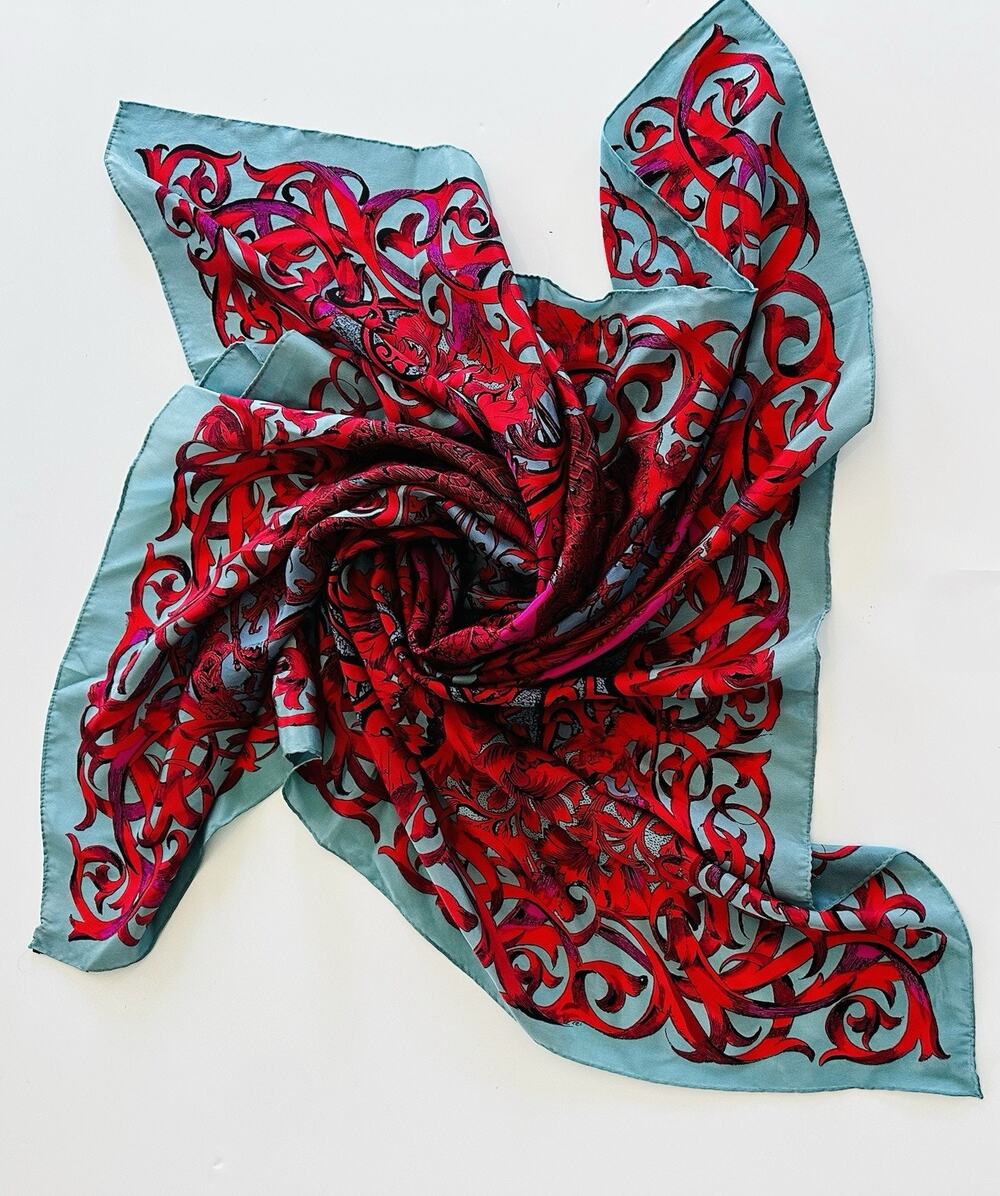 BLOOMSBURY Silk Red Pink Teal Floral Foulard Scarf Handroll Lightweight Sheer ￼